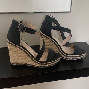 Seven Dials Black and Tan Wedge Sandals